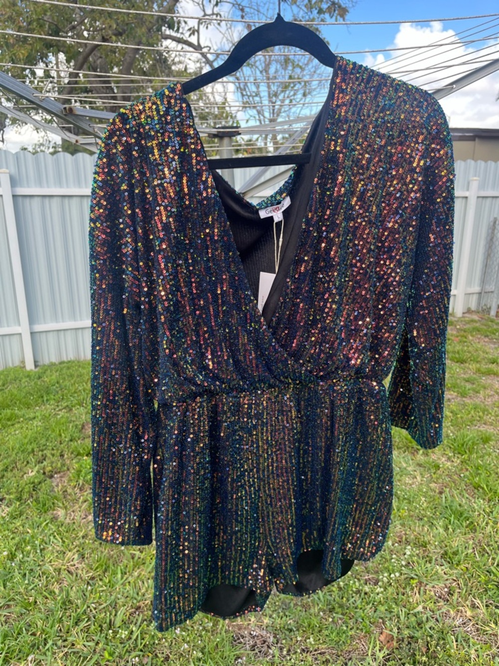 Gepur Black Sequin Long-Sleeve Deep V Jumpsuit Romper